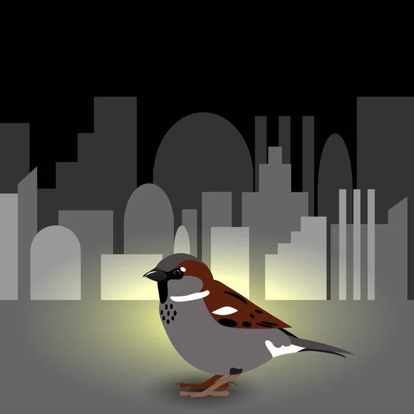 Sparrow Werelddag. Mus op het stadsgezicht op de achtergrond. — Stockvector