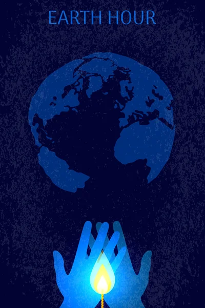 Earth Hour. Elektrik Aydınlatma olmadan bir gezegen silüeti. Bir mum alevi holding eller