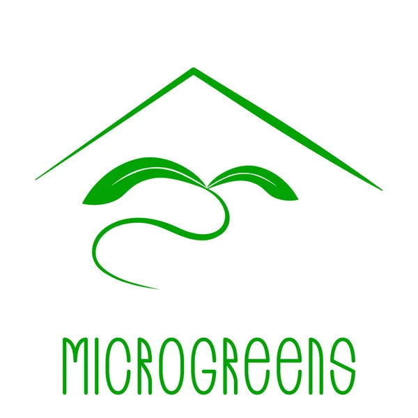 Microgreens Logo. Planten onder de gestileerde dak van het huis. Zaai- en levende microgreens ontwerp van de verpakking. — Stockvector