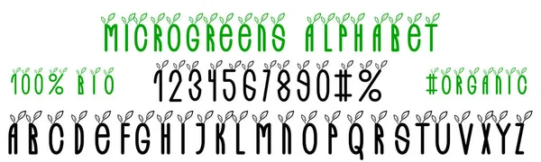 Alphabet Microgreens. Lettres et chiffres avec de jeunes feuilles — Image vectorielle
