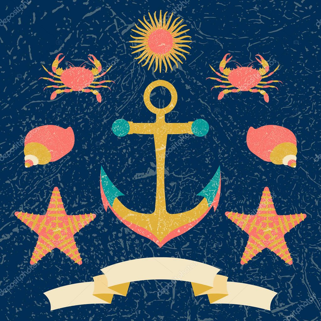 Nautical poster. Cartoon style with grunge effects. Tape for text. Anchor, sun, crab, shell. Round frame from waves