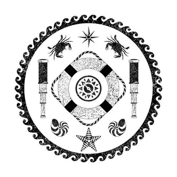 Nautisk marin cirkel svart och vit affisch. Tecknad stil med grunge effekter — Stock vektor