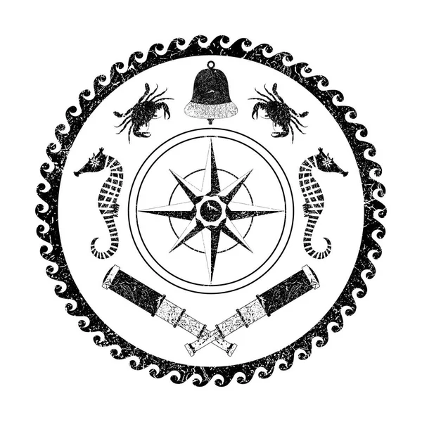 Círculo marinho náutico cartaz preto e branco. Estilo dos desenhos animados com efeitos grunge — Vetor de Stock
