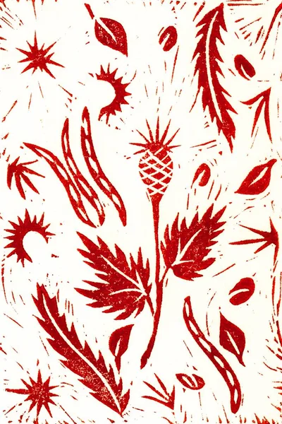 Kézi rajz linocut. Piros. Őszi növények — Stock Fotó