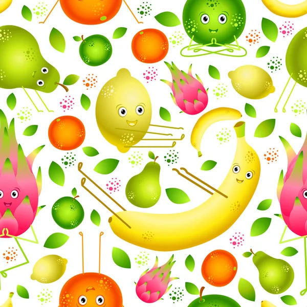 Las frutas hacen yoga. Patrón sin costuras. Plátano, limón, naranja, manzana, pera, pitahaya — Vector de stock