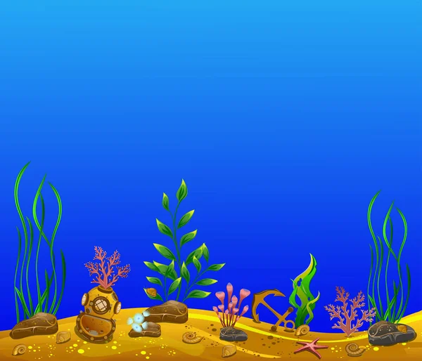 Mundo subaquático. Imagem de fundo para texto. Fundo do mar, plantas, âncora, capacete subaquático . — Vetor de Stock