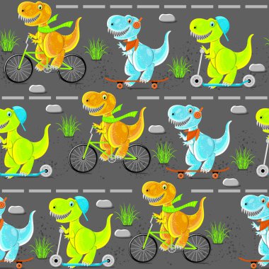 Dinozor gençler bisiklet, scooter, kaykay binmek. Komik çizgi film karakterleri