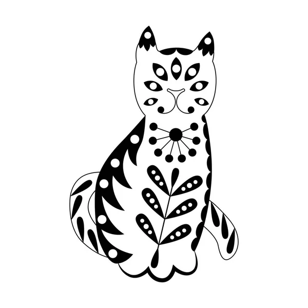 Gato abstrato ornamentado. Padrão de estilo escandinavo. Ilustração em preto e branco . —  Vetores de Stock