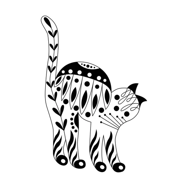 Gato abstracto adornado. Patrón estilo escandinavo. Ilustración en blanco y negro . — Vector de stock