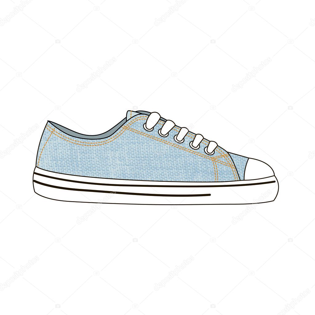 Sneakers. Mens and womens sports and casual shoes. Outline drawing. Denim texture.