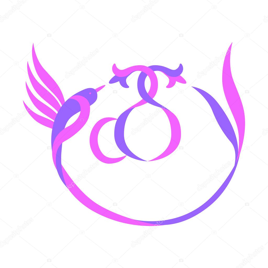 Easy - Hummingbird logo concept. Letters in the form of a bird, leaves and flowers.