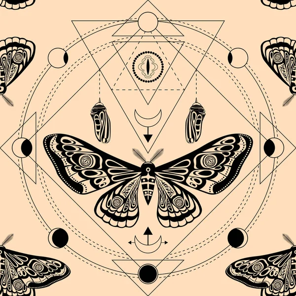 Éjjeli lepke, pillangóbábu. Szent geometria, ezoterikus szimbólumok. — Stock Vector
