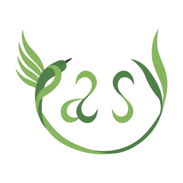 Easy-Hummingbird logo concept. Letters in de vorm van een vogel, bladeren. — Stockvector