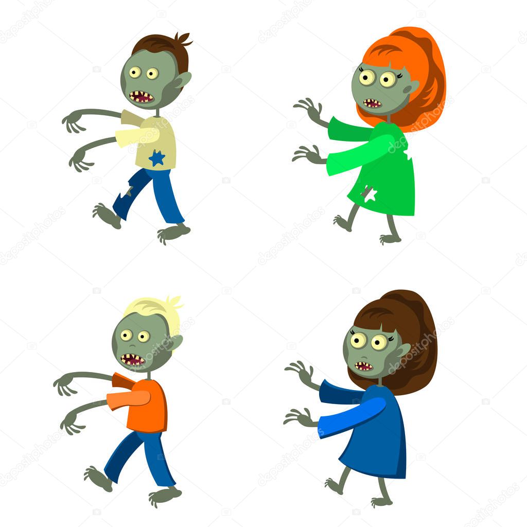 Set of a zombies isolated on white background. Zombie men and women in cartoon style. Vector illustration.