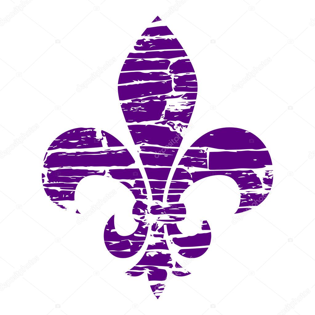 Fleur de lis. Heraldic lily. Mardi Gras Symbol. Grunge background purple