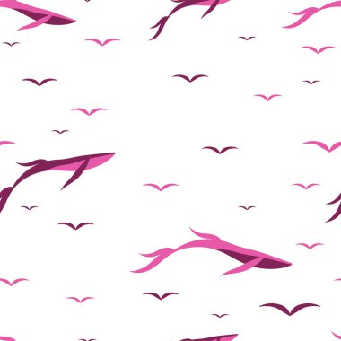 Uçan balinalar ve kuşlar. Kusursuz desen. Şeffaf arkaplan