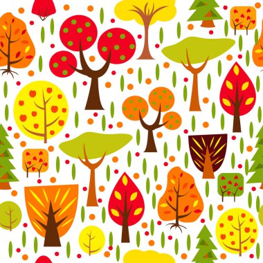 Sonbahar orman vektör illüstrasyonu. Beyazda izole edilmiş kusursuz desen. Çizgi film biçimi