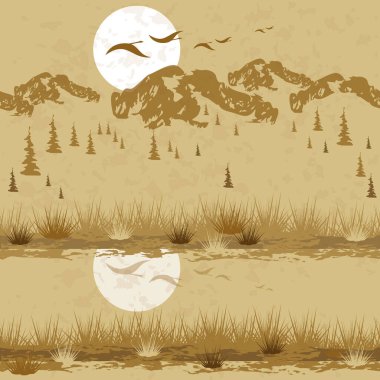 Dağları, ormanı ve nehri olan Kanada manzarası, gün batımı. Kuşlar uçuyor. Kusursuz desen. Tek renkli renklendirme