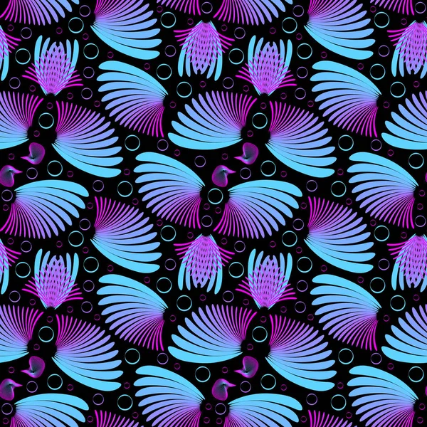 Stilisierte Vögel. Kopf, Flügel, Schwanz. Rosa und blaue Farben. Nahtloses Muster. Schwarzer Hintergrund. — Stockvektor