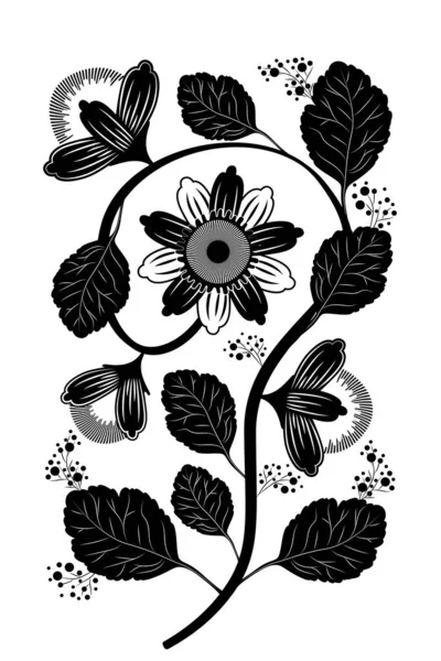 Ilustração Botânica Vintage. Flor em um talo com folhas e botões. Silhueta em preto e branco —  Vetores de Stock