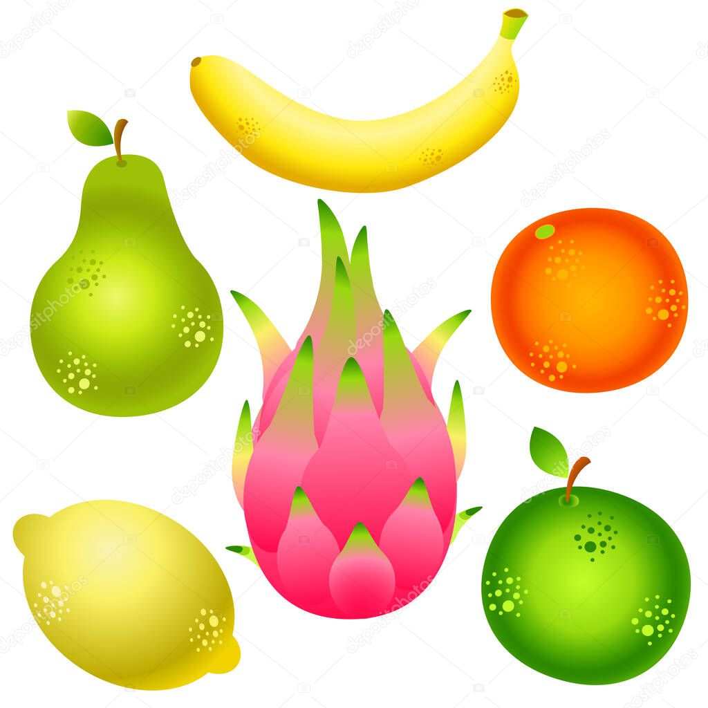 Exotic fruits - pitahaya, banana, pear, apple, lemon. Healthy eating. illustration isolated on white.