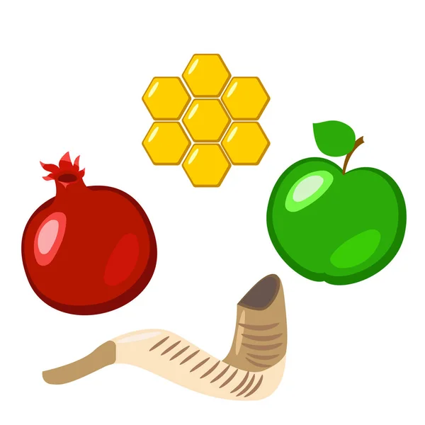 Rosh Hashanah. Pomegranate, apple, chalky honeycombs, shofar - mutton horn. — Stock Vector