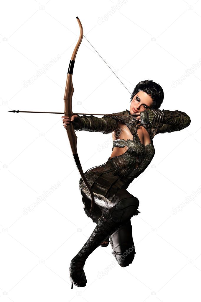 Elf Archer Woman with Bow and Arrow , 3D illustration, 3D Rendering