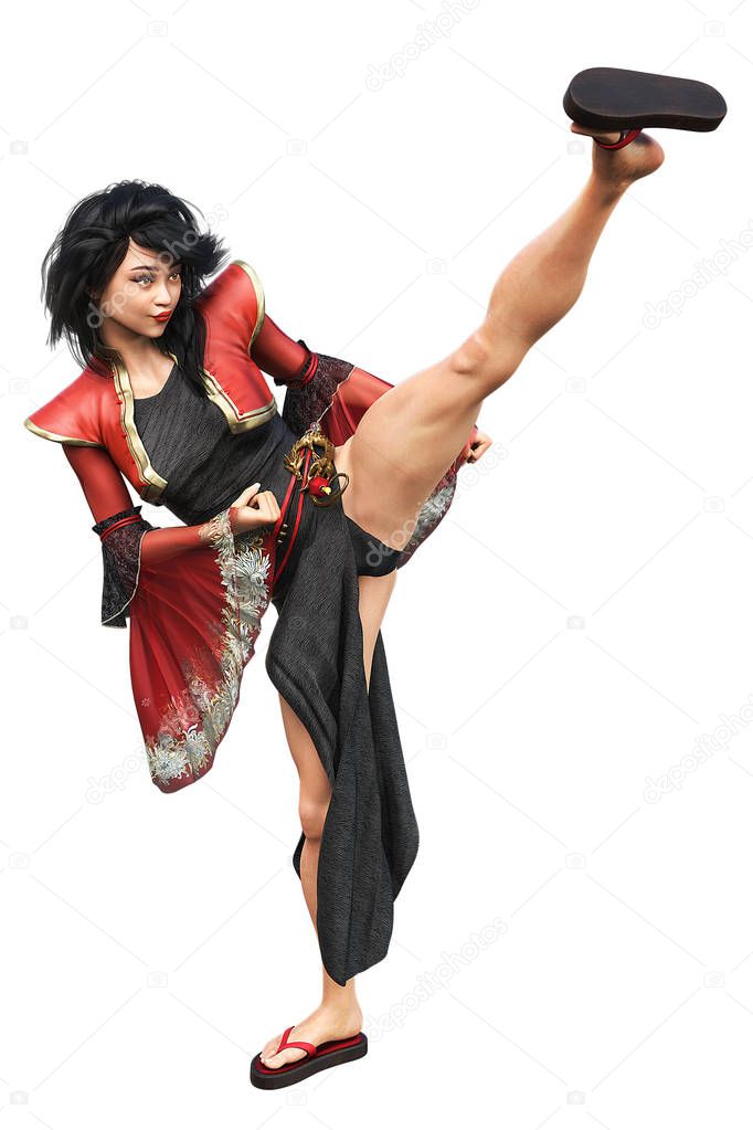 Urban Fantasy Asian Woman Martial Arts, 3D Rendering, 3D illustration