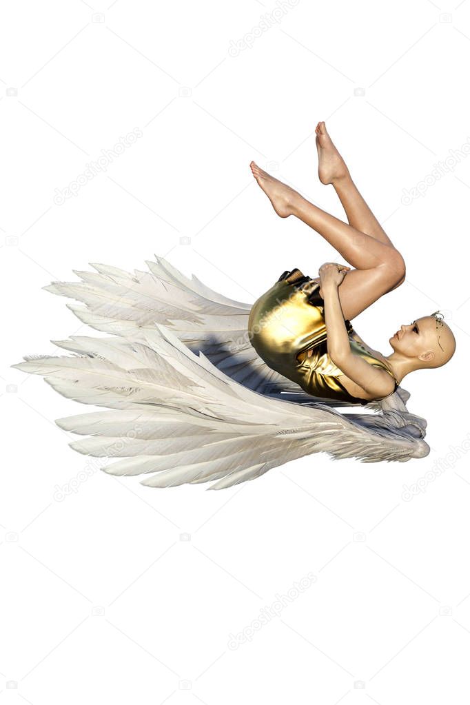 Fallen Angel with White Wings Caucasian Woman, 3D illustration, 3D Rendering