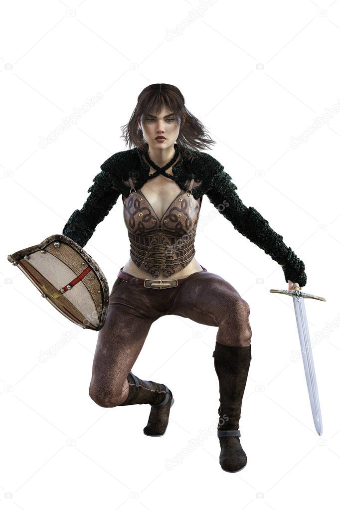 Medieval Fantasy Warrior Woman with sword, 3D illustration, 3D Rendering