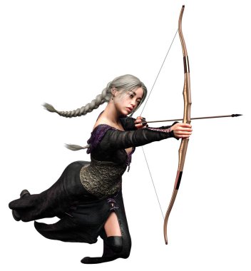Elf Okçu Kadın Yay ve Ok, 3d illüstrasyon, 3d Rendering ile