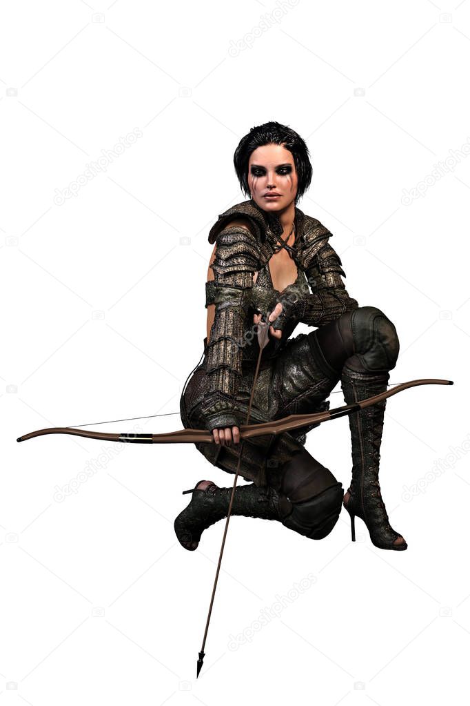 Elf Archer Woman with Bow and Arrow, 3D illustration, 3D Rendering