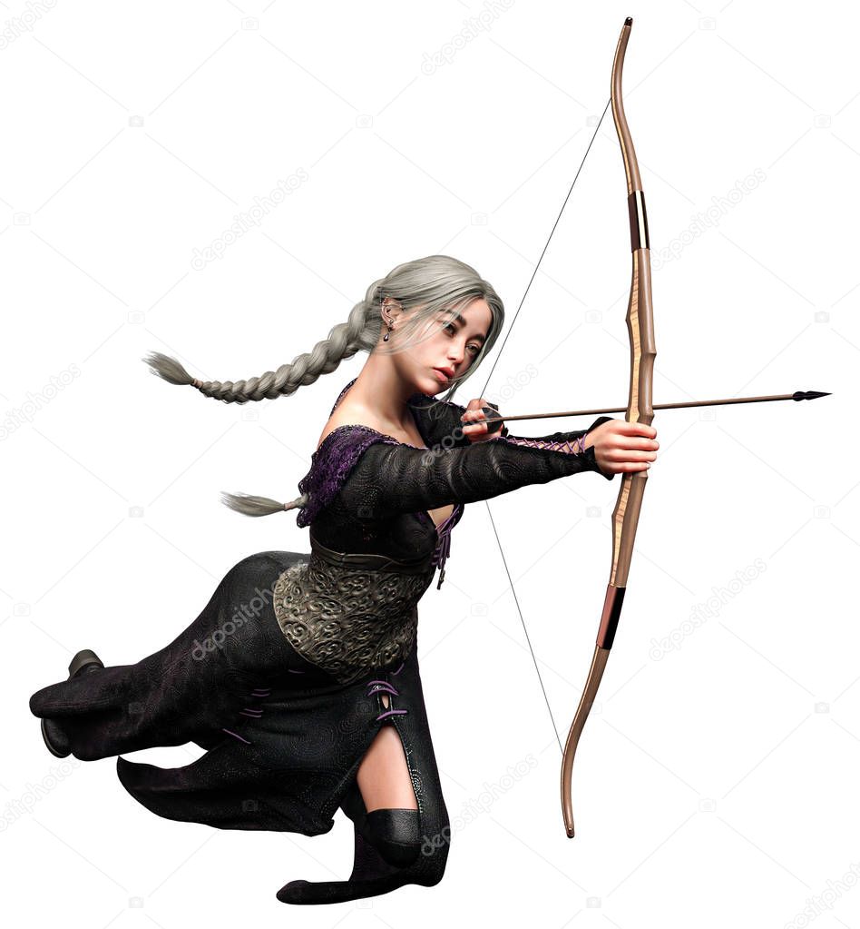 Elf Archer Woman with Bow and Arrow, 3D illustration, 3D Rendering