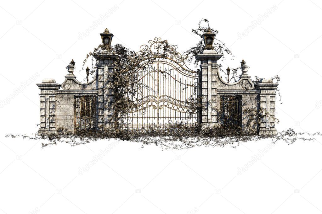 Fantasy Academy Gate Stone Wall, 3D illustration, 3D rendering
