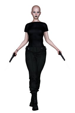 Caucasian Urban Fantasy Woman with Guns on Isolated White Background, 3D Rendering 3D illustration clipart