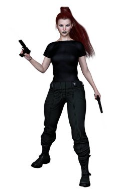 Caucasian Urban Fantasy Woman with Guns on Isolated White Background, 3D Rendering 3D illustration clipart