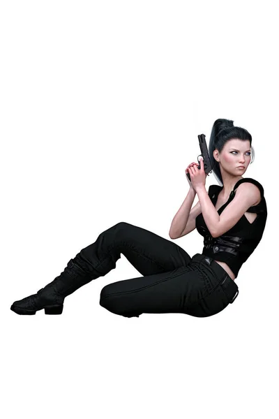 白地に銃を持つ白人都市ファンタジー女性 3Dレンダリング3Dイラスト — ストック写真