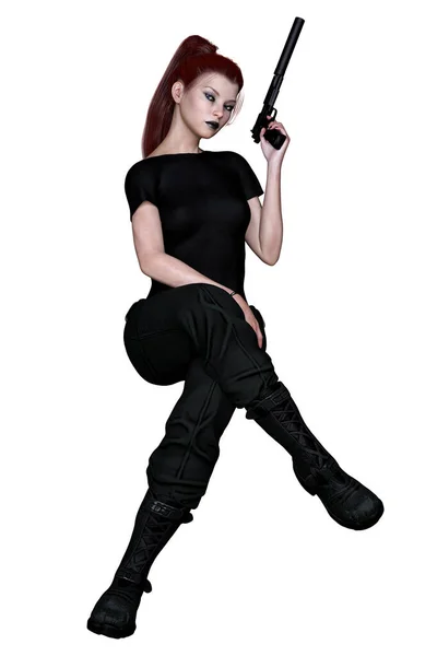 白地に銃を持つ白人都市ファンタジー女性 3Dレンダリング3Dイラスト — ストック写真