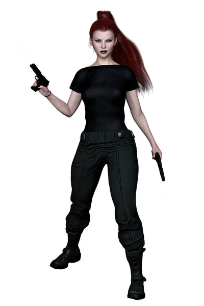 Caucasian Urban Fantasy Woman Guns Isolated White Background Rendering Ілюстрація — стокове фото