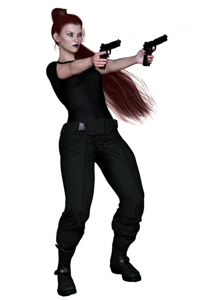 Mujer Fantasía Urbana Caucásica Con Armas Sobre Fondo Blanco Aislado — Foto de Stock