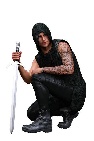 Urban Fantasy Caucásico Hombre Capucha Con Espada Visualización Ilustración — Foto de Stock