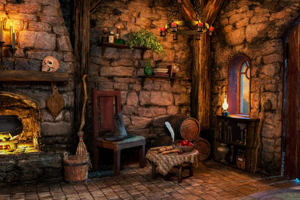 Fantasy Witch Cottage Interior Illustrazione Rendering — Foto Stock
