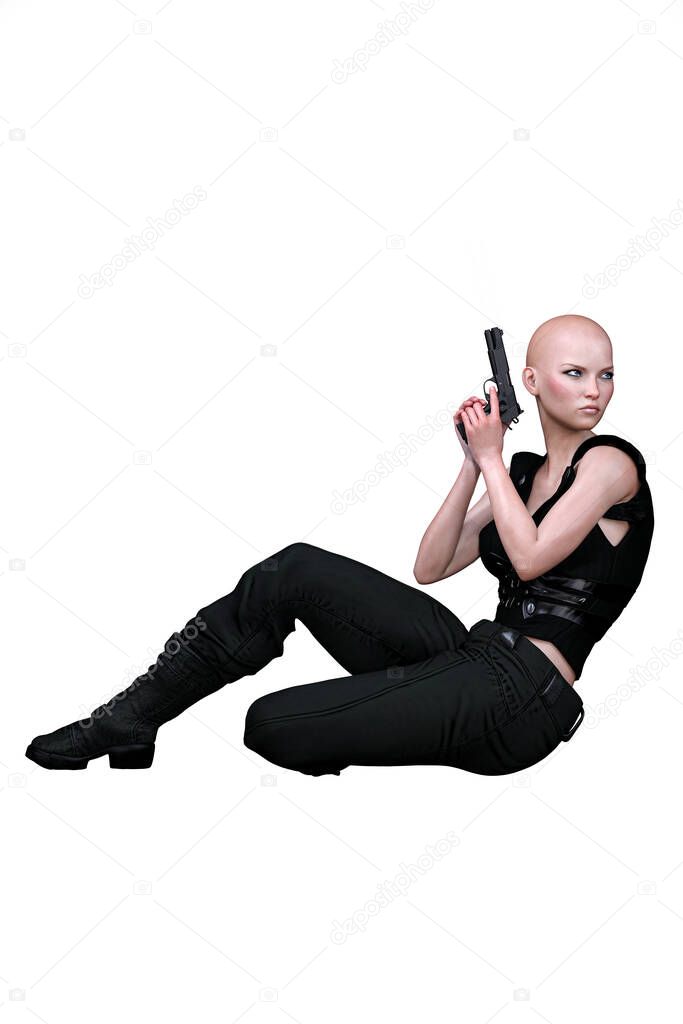 Caucasian Urban Fantasy Woman with Guns on Isolated White Background, 3D Rendering 3D illustration