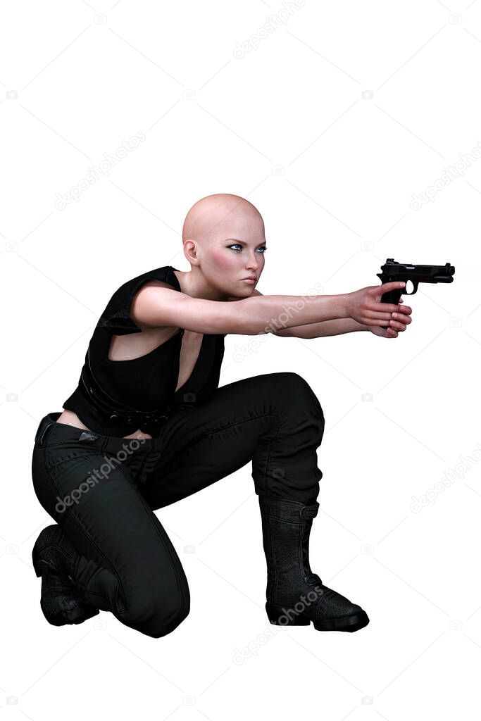 Caucasian Urban Fantasy Woman with Guns on Isolated White Background, 3D Rendering 3D illustration