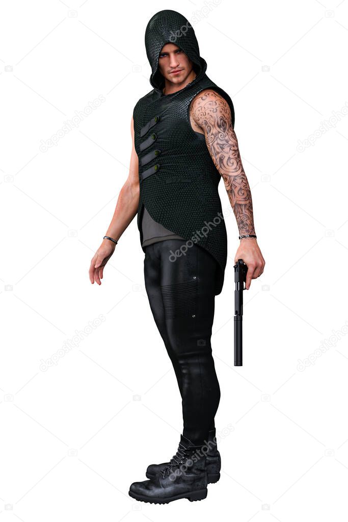 Urban Fantasy Caucasian Man in Hood with Gun 3D Rendering 3D Illustration