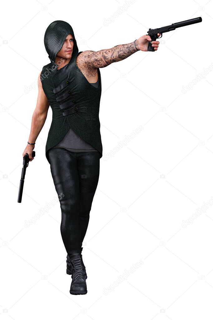 Urban Fantasy Caucasian Man in Hood with Gun 3D Rendering 3D Illustration