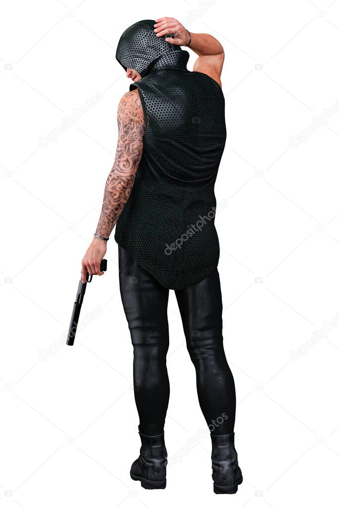 Urban Fantasy Caucasian Man in Hood with Gun 3D Rendering 3D Illustration