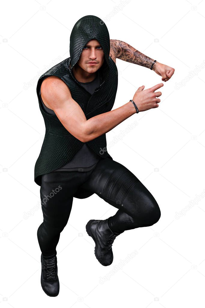 Urban Fantasy Caucasian Man Running in Hood 3D Rendering 3D Illustration