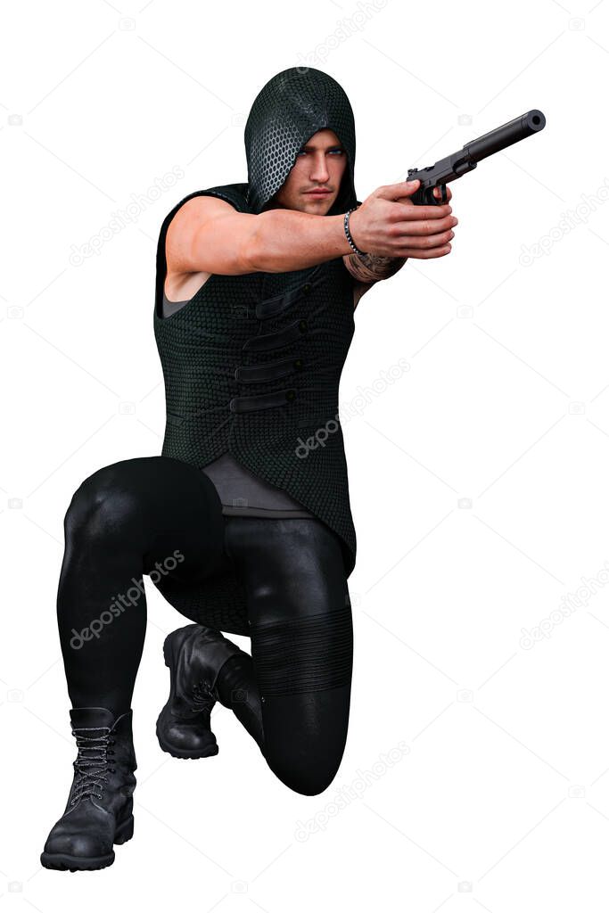 Urban Fantasy Caucasian Man in Hood with Gun 3D Rendering 3D Illustration