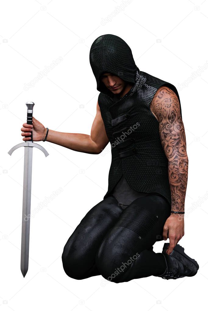 Urban Fantasy Caucasian Man in Hood with Sword 3D Rendering 3D Illustration